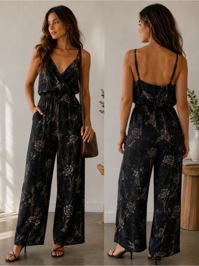 Wilfred Aritzia Floral Wide Leg Jumpsuit Black Medium